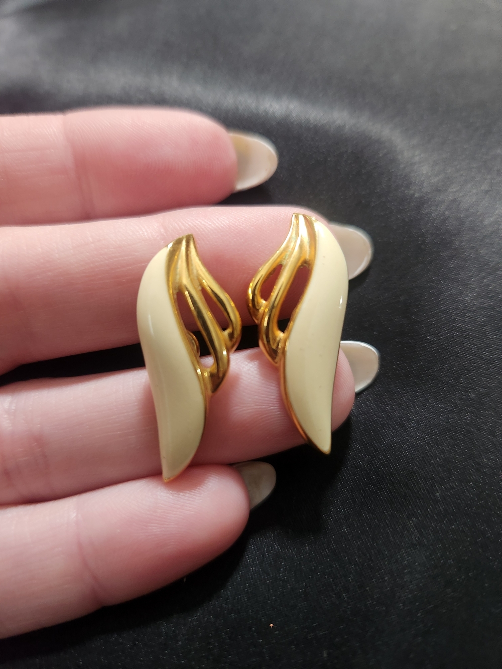 Monet Cream and Gold Curved Leaf Earrings - Women Jewelry